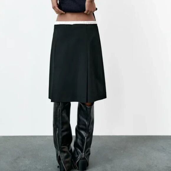 Black White Zara Drawstring Elastic Waist Mixed Combination Striped Boxer Skirt - Picture 3 of 7